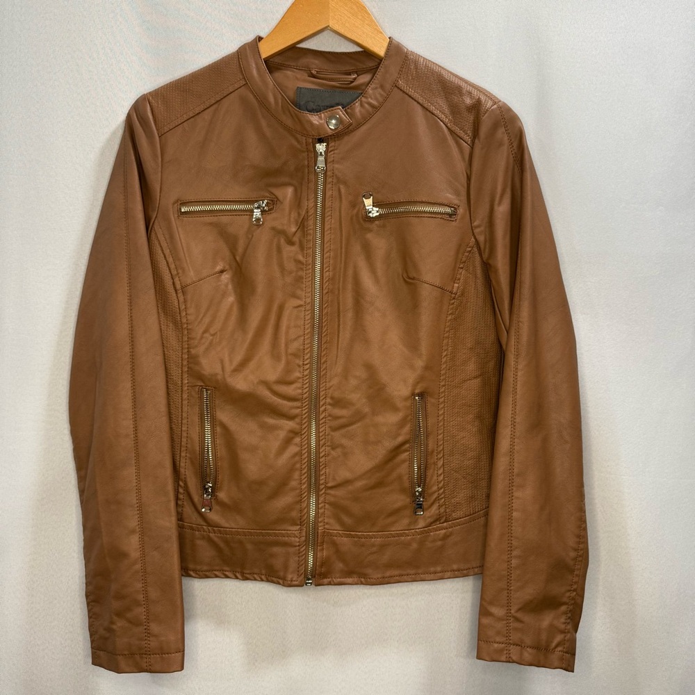 Cavalini Camel Faux Leather Moto Jacket (Size Small)